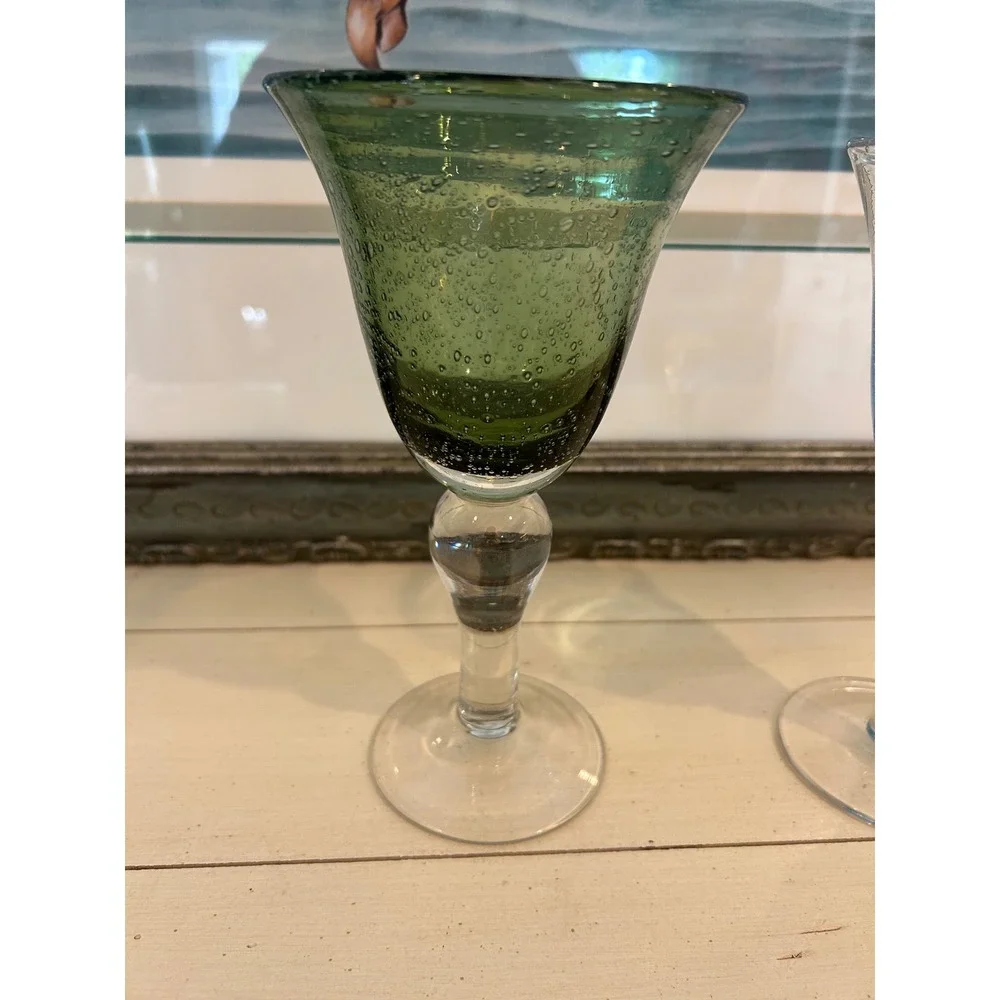 Hand Blown Seed Bubble Art Glass Wine Goblets Green Blue Set of 2 8.5